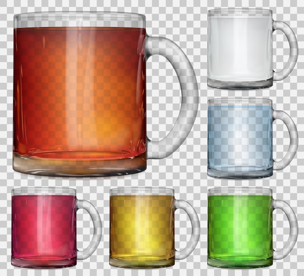Вектор Набор прозрачных стеклянных чашек с разноцветными полупрозрачными напитками на прозрачном фоне. прозрачность только в векторном файле
