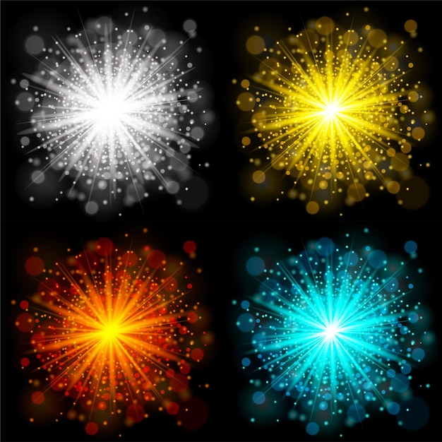 벡터 검은 배경에 투명 광선 starburst 조명 효과의 집합입니다.