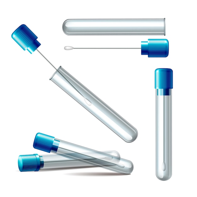 파란색 모자와 의료 테스트용 면봉 장비가 있는 투명 플라스틱 튜브 세트
