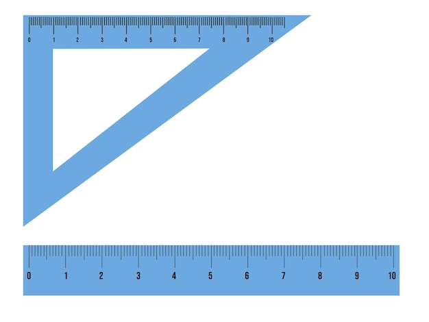 白い背景に分離された 2 つの青いプラスチック定規のセット
