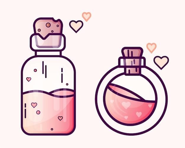 ベクトル 2つの愛のポーションボトルのアイコンのセットハートのイラストとバレンタインデーのロゴ