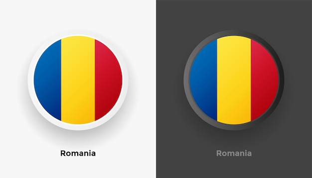 Вектор Набор из двух металлических круглых кнопок флага румынии с черно-белым фоном