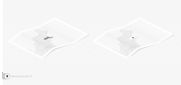 벡터 아이소메트릭 스타일의 매사추세츠 플래그 및 지도 그림자가 있는 두 개의 실제 매사추세츠 지도