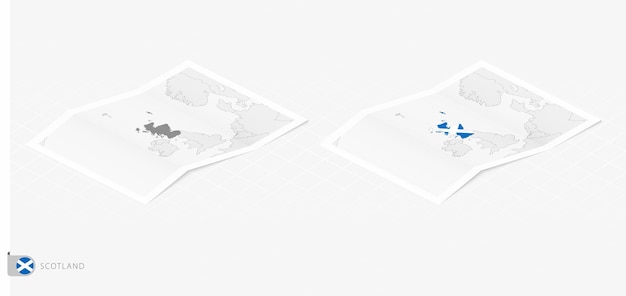 シャドウとスコットランドの 2 つの現実的な地図のセット アイソメ図スタイルのスコットランドの旗と地図