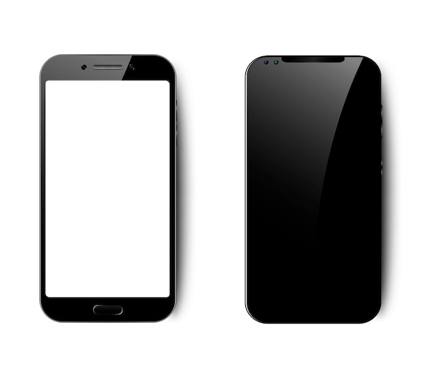 空白の黒と白の画面、現実的な黒のスマートフォンを持つ2つのスマートフォンのセット
