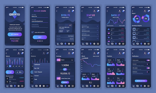 ベクトル ui、ux、gui画面のセットcryptocurrency app flat