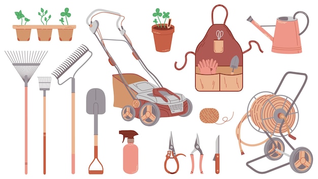 Набор полезных инструментов для садоводства и ухода за двором, газонокосилка, катушка для садового шланга, лопата и грабли.