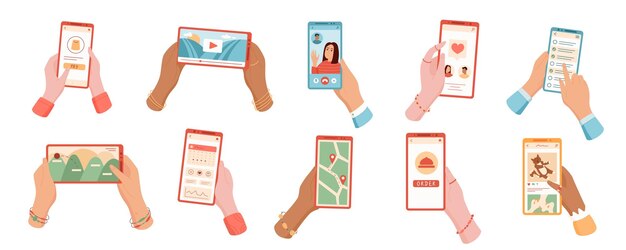Set of user holding mobile phone in hand with screen showing apps and videos concept of technology