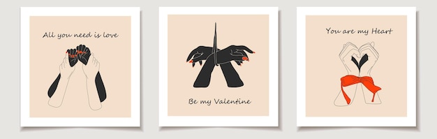 벡터 밧줄에 묶인 두 손의 세 벡터 그림 세트가 있는 발렌타인 데이 카드 세트. 사랑