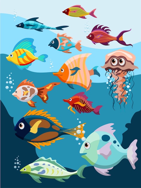 Набор различных тропических рыб в мультяшном стиле