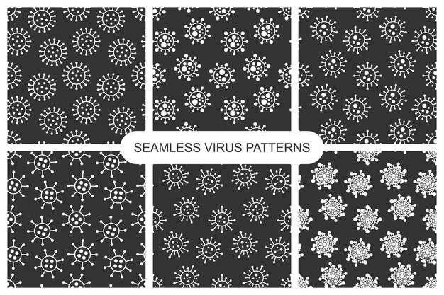 ベクトル暗いシームレスなウイルス パターンのセット モノクロ無限デザイン 抽象的な細菌の背景