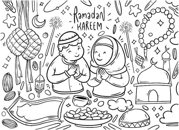 Вектор Набор векторных каракулей празднует рамадан карим набор нарисованных вручную символов и икон для священного мусульманского праздника рамадан
