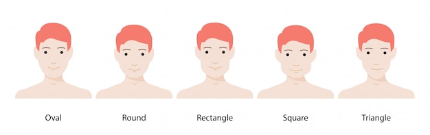 Набор векторных фигур лица. овал, треугольник, круг, квадрат, прямоугольник. разные типы мужских лиц.