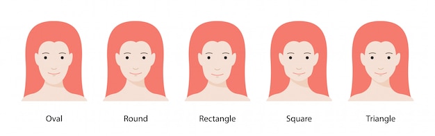 벡터 얼굴 모양 설정합니다. 타원형, 삼각형, 원형, 사각형, 직사각형. 다양한 유형의 여성 얼굴.