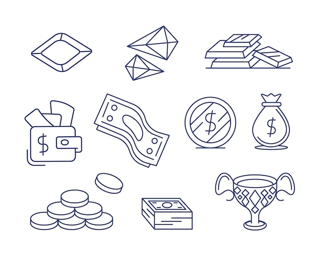 Вектор Набор векторных иконок на тему денег и ценностей в стиле линии и каракулей