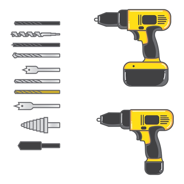 완전 한 비트 플랫 디자인 벡터 일러스트 레이 션 무선 드릴의 집합입니다. 평면 디자인의 수공구 장비