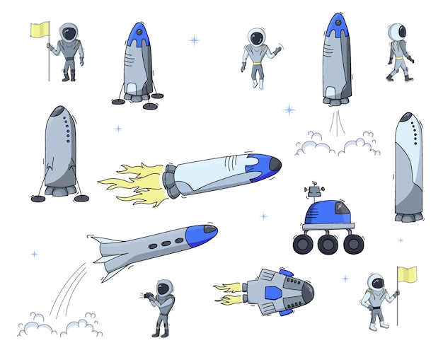Вектор Набор векторных иллюстраций космического корабля, ракеты, вездехода. каракули мультфильм векторные иконки.