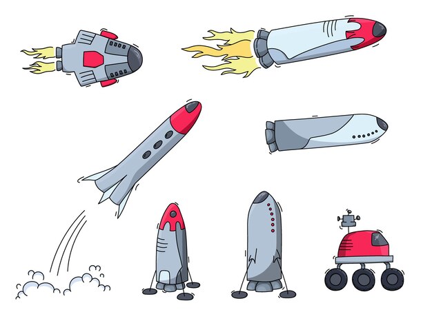 Набор векторных иллюстраций космического корабля, ракеты, вездехода. каракули мультфильм векторные иконки.