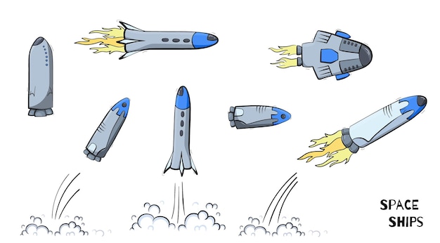 Набор векторных иллюстраций космического корабля, ракеты, вездехода. каракули мультфильм векторные иконки.