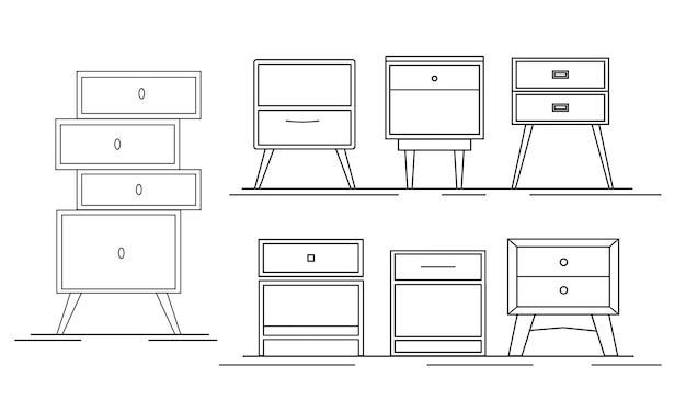 Набор векторных иконок линейной мебели. набор прикроватных тумбочек и комодов современного дизайна.