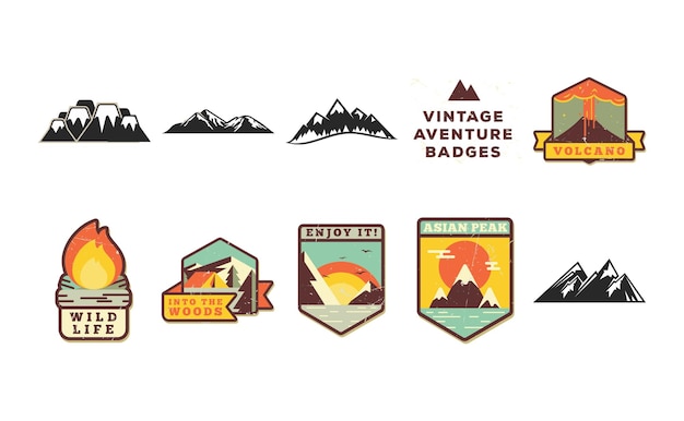 ベクトルのロゴのアウトドア アドベンチャー エクスプ ローラー キャンプ バッジ、ラベル テンプレート、旅行、ハイキング、登山のセット