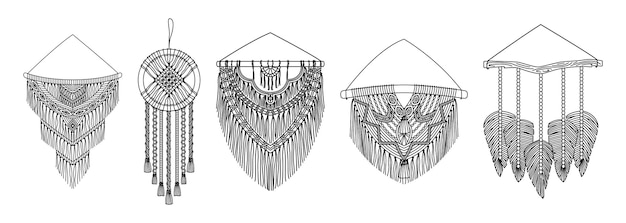 보헤미안 스타일의 벡터 마크라메 벽화 세트입니다. 라인 아트