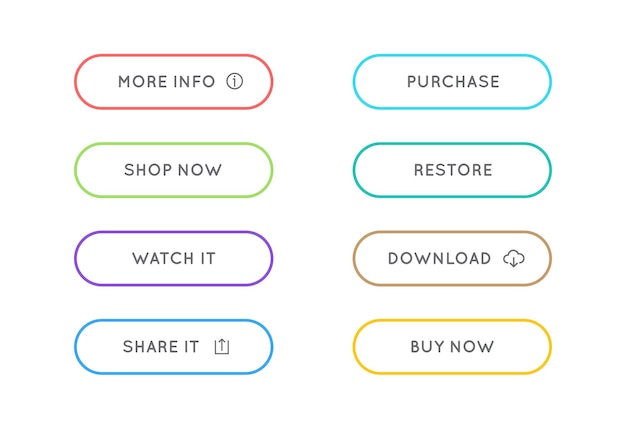 Набор векторных кнопок стиля современного материала различные плоские модные цвета контурных штрихов и значков на белом