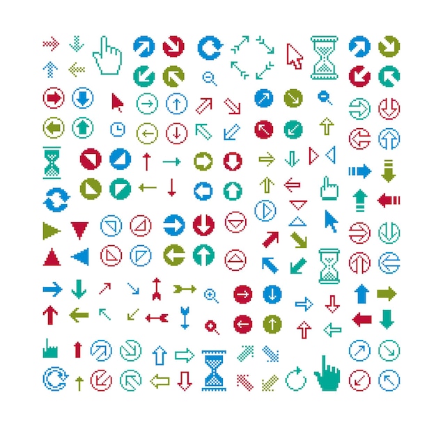 Набор векторных знаков ретро-курсора, выполненных в стиле пиксель-арт. упрощенные стрелки, указывающие в разные стороны, геометрические пиксельные символы.