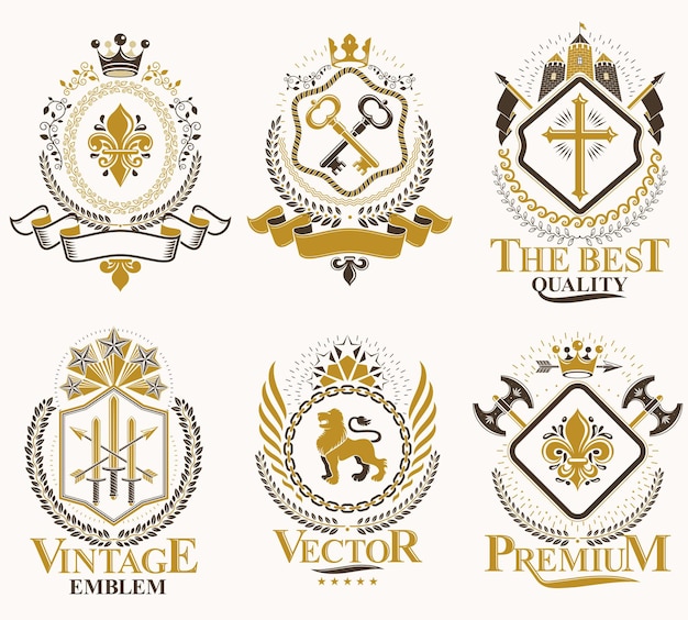 Вектор Набор векторных винтажных элементов, геральдические этикетки, стилизованные под ретро-дизайн. коллекция символических иллюстраций, состоящая из средневековых крепостей, корон монархов, крестов и арсенала.