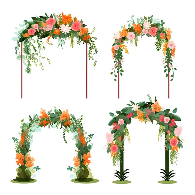 Вектор Набор векторных свадебных алтарей для церемонии бракосочетания, украшенных цветами