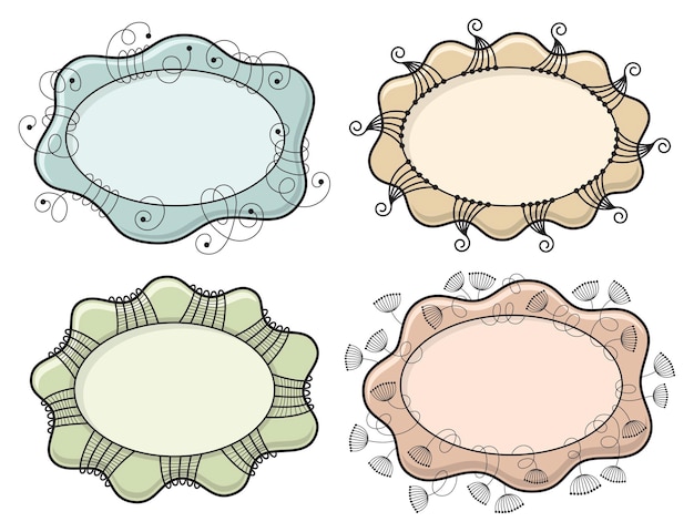 빈티지 4개의 다른 귀여운 장식 타원형 프레임 또는 레이블 세트