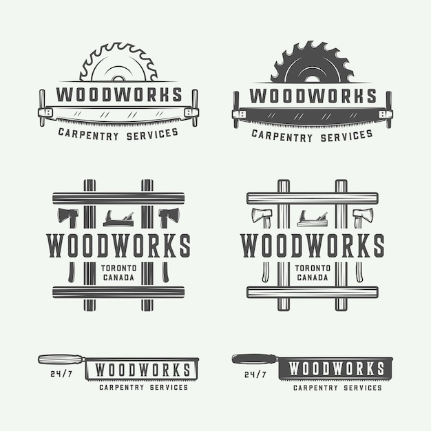 ベクトル ヴィンテージ大工の木工品とメカニックラベルバッジエンブレムとロゴのセット