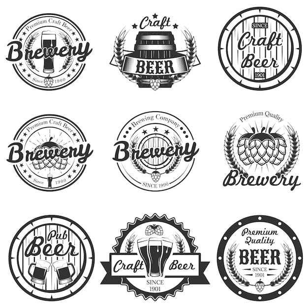 ヴィンテージクラフトビール、醸造所のロゴ、エンブレム、バッジ、分離されたラベルのセット