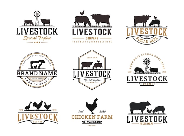 Набор старинных логотипов домашнего скота