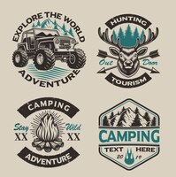 ベクトル 明るい背景にキャンプをテーマにしたヴィンテージのロゴのセット。ポスター、アパレル、tシャツおよび他の多くに最適です。レイヤード