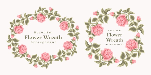 ベクトル カードの装飾のためのヴィンテージのバラの花の花輪と春の花のフレーム要素のセット