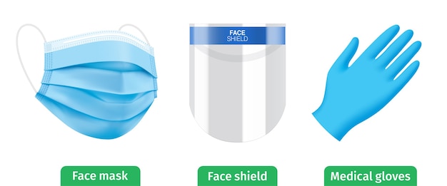 바이러스 보호 개인 장비 키트 세트. 얼굴 방패, 파란색 의료 얼굴 마스크 및 장갑.
