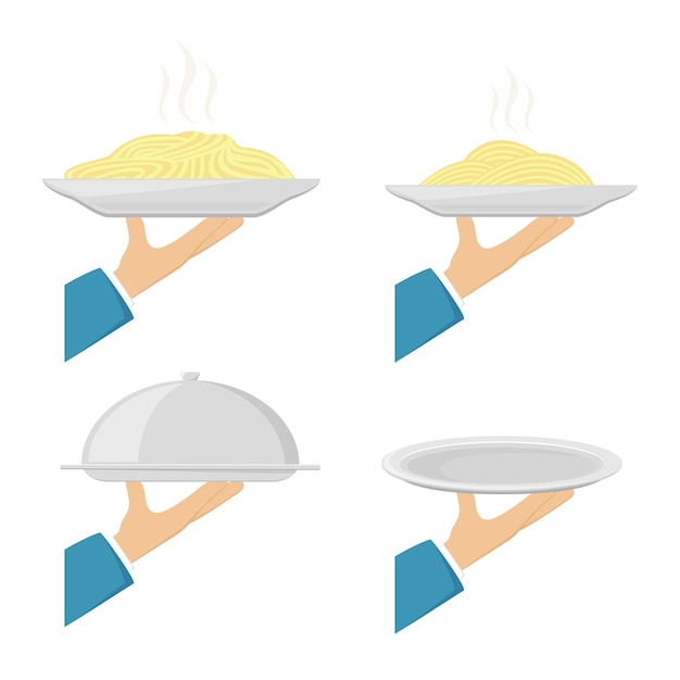 벡터 쟁반과 접시가 있는 웨이터 손 세트