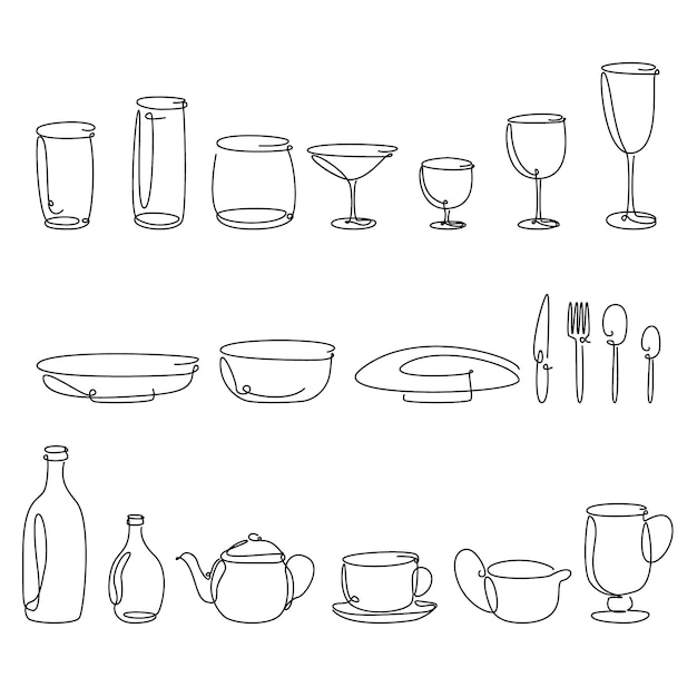 ベクトル 1つのラインプレートにある陶器のセット1つのライングラスにあるシャンパンの1つのライングラスにあるグラスのセット