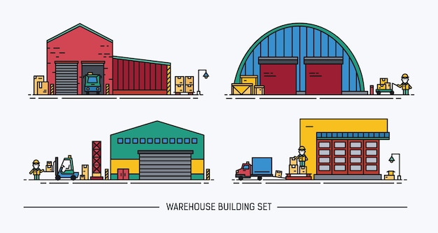 ベクトル 貨物輸送と異なる形状の倉庫の建物のセット。等尺性。線画。カラフル。