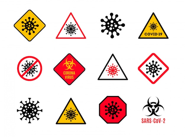 코로나 바이러스 기호 경고 및 위험 표시의 집합입니다. Covid-19 표시를 중지하십시오. 코로나 바이러스 비듬 기호.