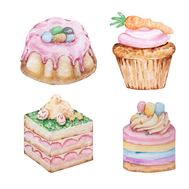 Набор акварельных пасхальных конфет, выпечки. кексы, торты и выпечка. пасха весна ручная роспись иллюстрации на белом фоне