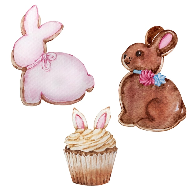 수채화 부활절 과자, 파이의 집합입니다. 진저 브레드 토끼와 귀를 가진 컵케익. 부활절 봄 손으로 그린 그림