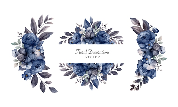 ネイビーブルーのバラと葉の水彩画のフラワーアレンジメントのセットです。ウェディングカードの植物装飾イラスト