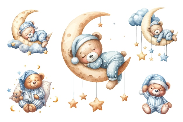 Набор акварелей спящего медведя на луне и облаке