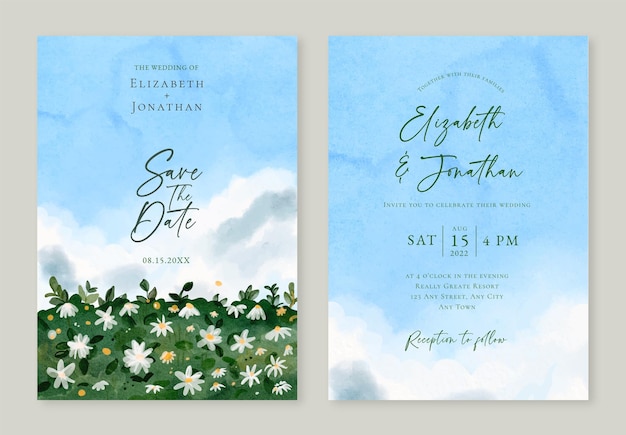 Вектор Набор акварельных свадебных пригласительных билетов с цветочным полем ромашки и голубым небом