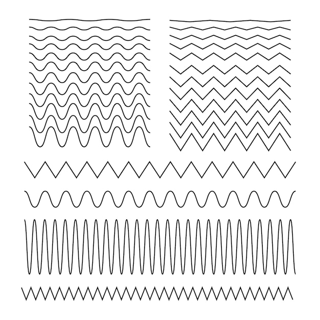 Набор волнистых горизонтальных линий черная волна на белом фоне узор линейные волны фон морская или океанская текстура абстрактный геометрический орнамент плоский стиль векторная иллюстрация