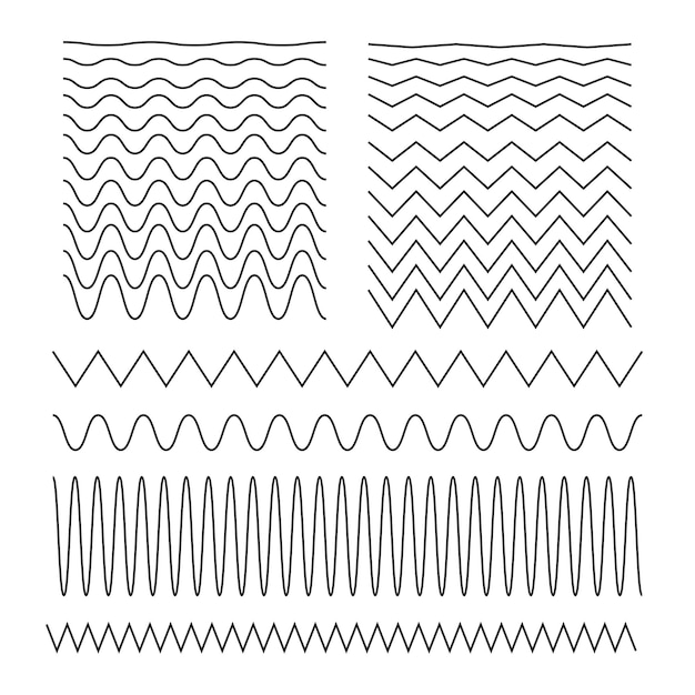 벡터 물결 모양의 수평선 세트 흰색 배경 패턴에 검은 물결 선형 파도 배경 해양 또는 바다 질감 추상 기하학적 장식 평면 스타일 벡터 일러스트 레이 션