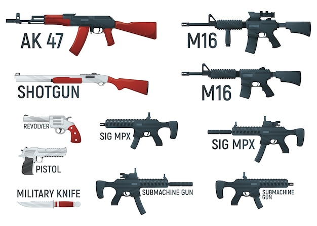 白で隔離武器軍事銃器漫画イラストのセットです。