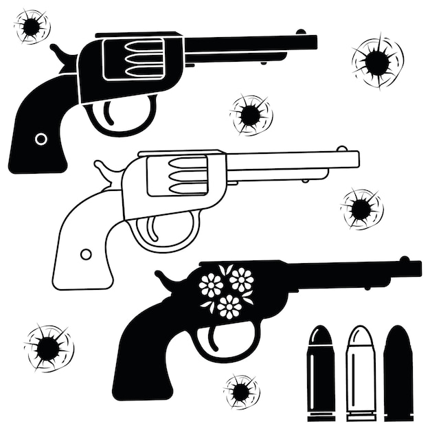 ベクトル 武器の弾丸と銃弾の穴のセット黒のステンシルベクトル図